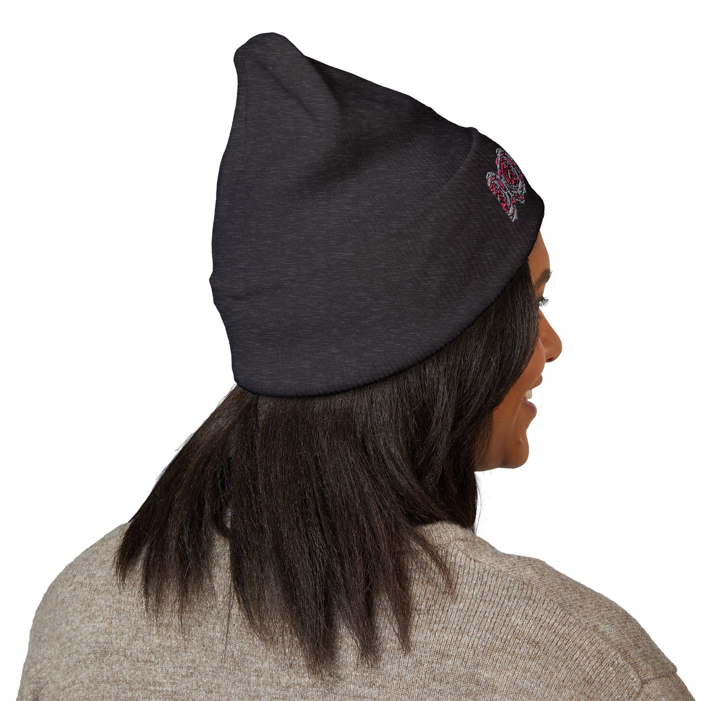 Embroidered Pink Rose Row Cuffed Beanie — Classic Floral Knit Hat©
