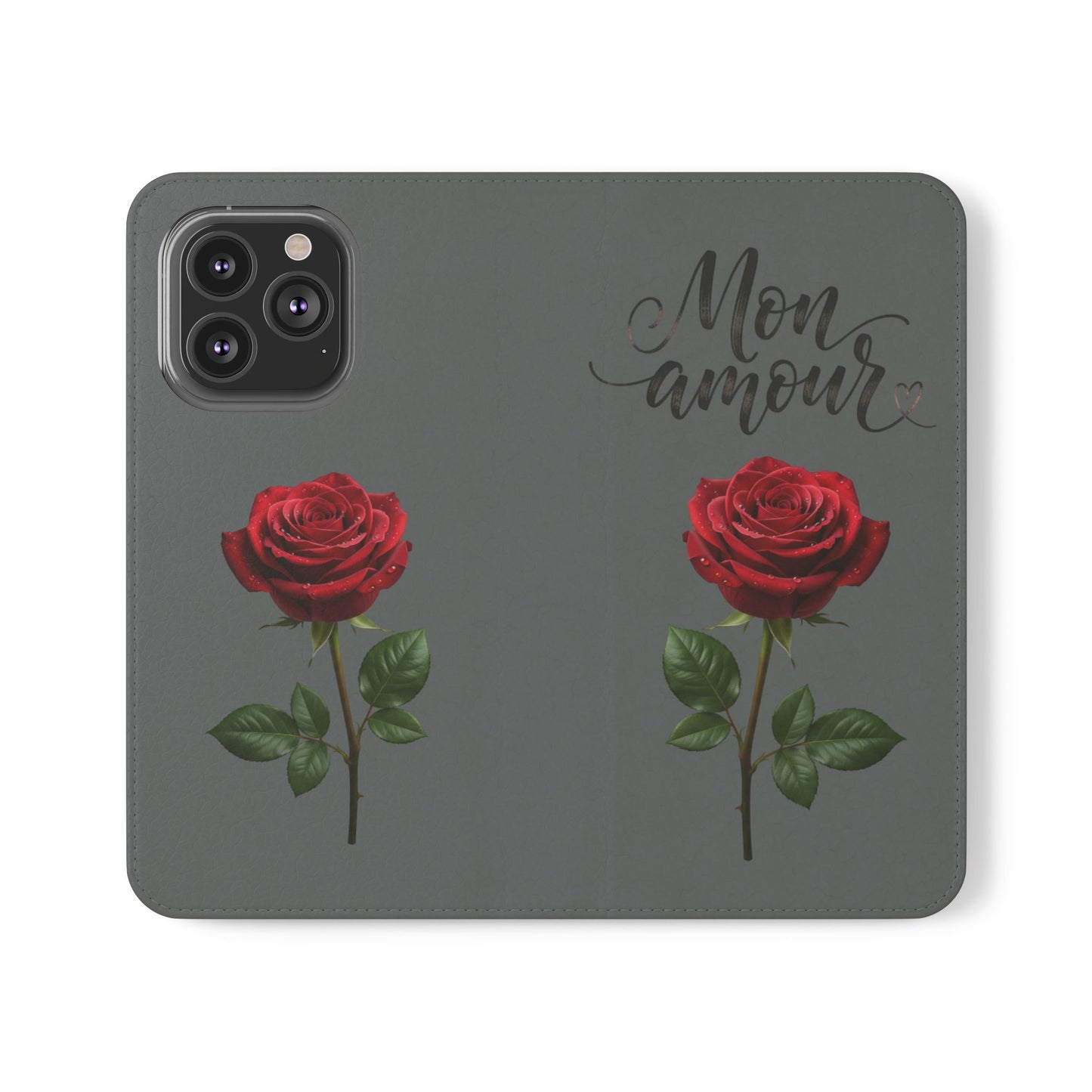 Mon Amour Rose Flip Phone Case — Floral Wallet Flip Case with 'Mon amour' Script