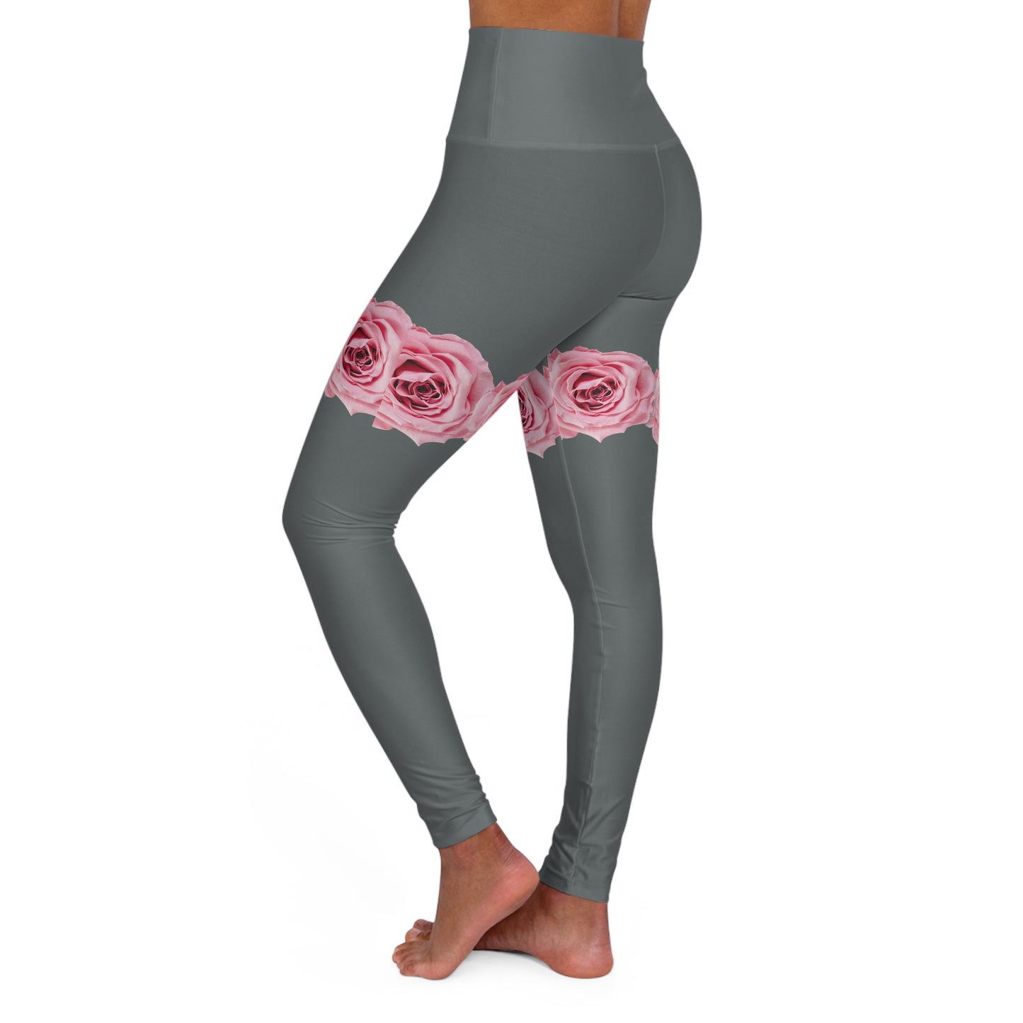 High-Waist Rose Band Yoga Leggings — Pink Floral Thigh Accent, Comfortable Activewear