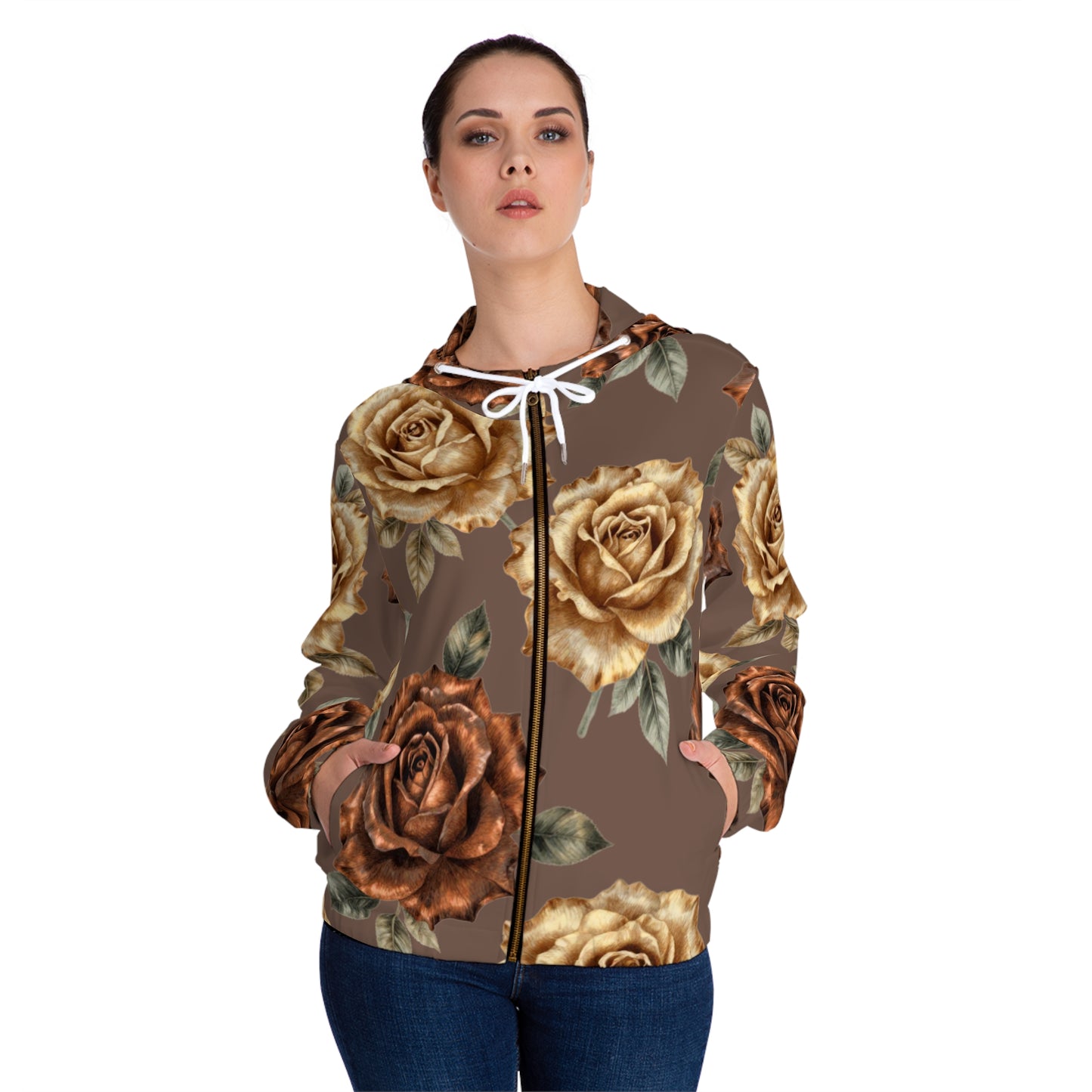 Floral Rose Zip Hoodie — Vintage Brown All-Over Print©