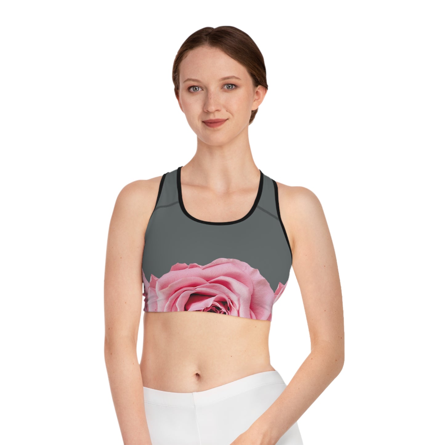 Pink Rose Floral Sports Bra — Gray Background Racerback Activewear