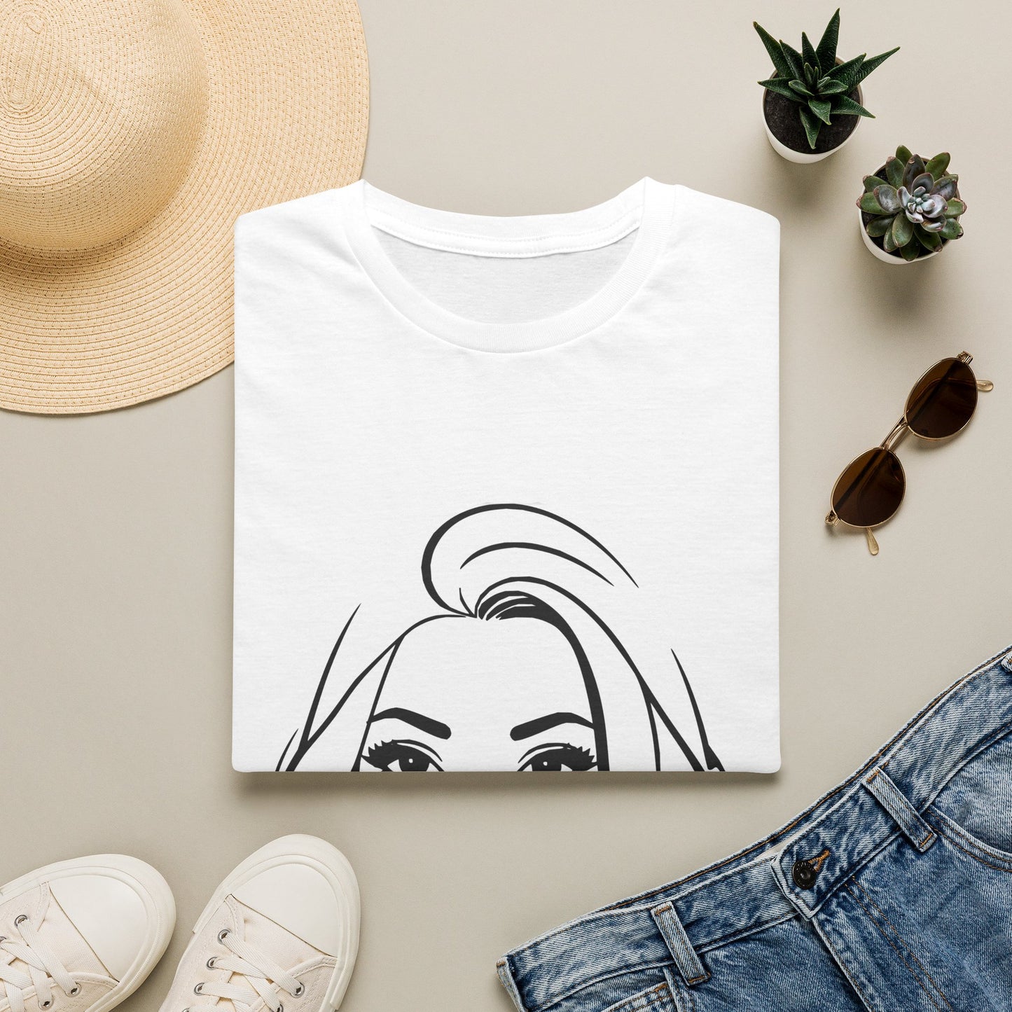 Shh! Lip-Bite Girl Graphic T-Shirt — Minimal Chic Illustration Tee©