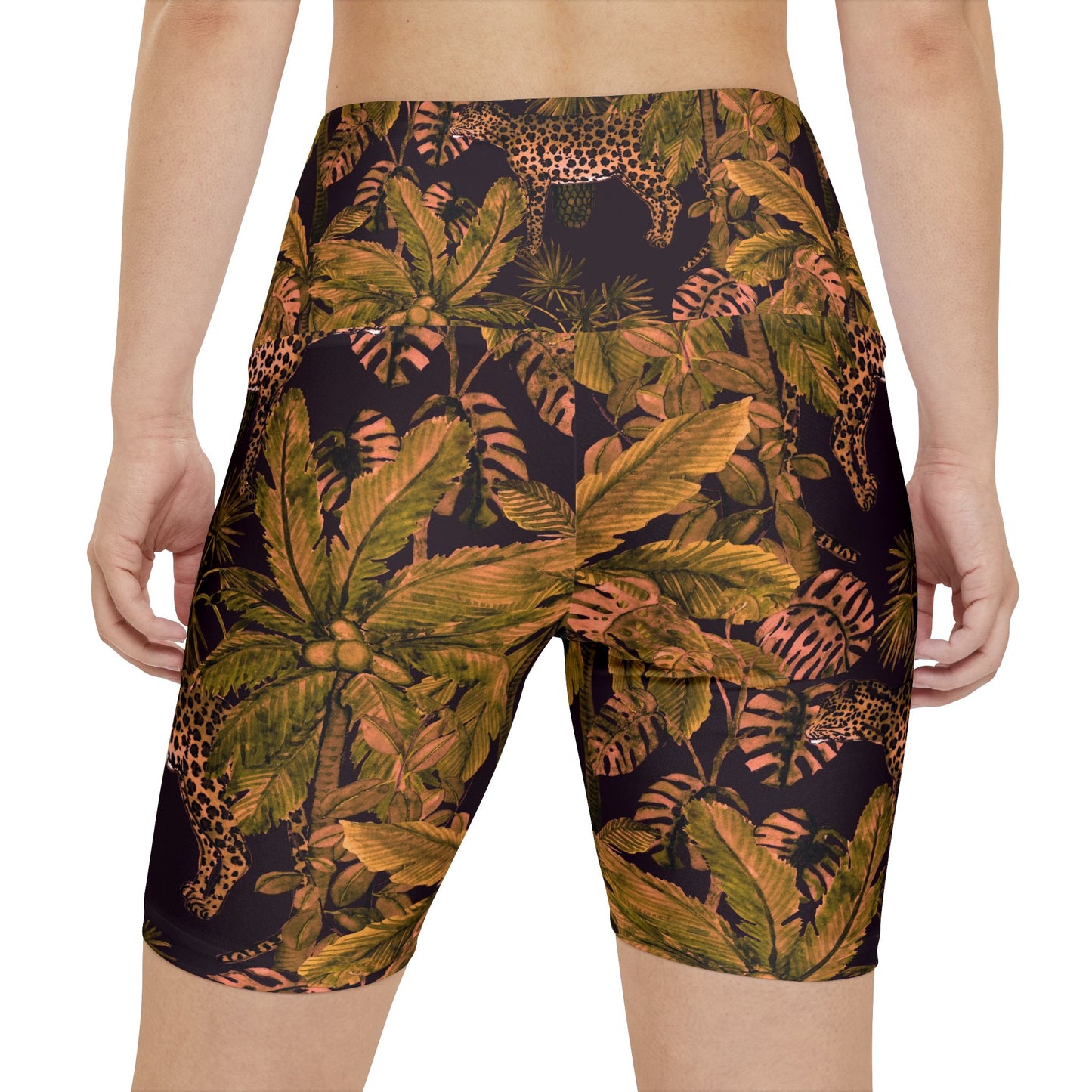 Tropical Leopard Palm Workout Shorts — Women's High-Rise Activewear©