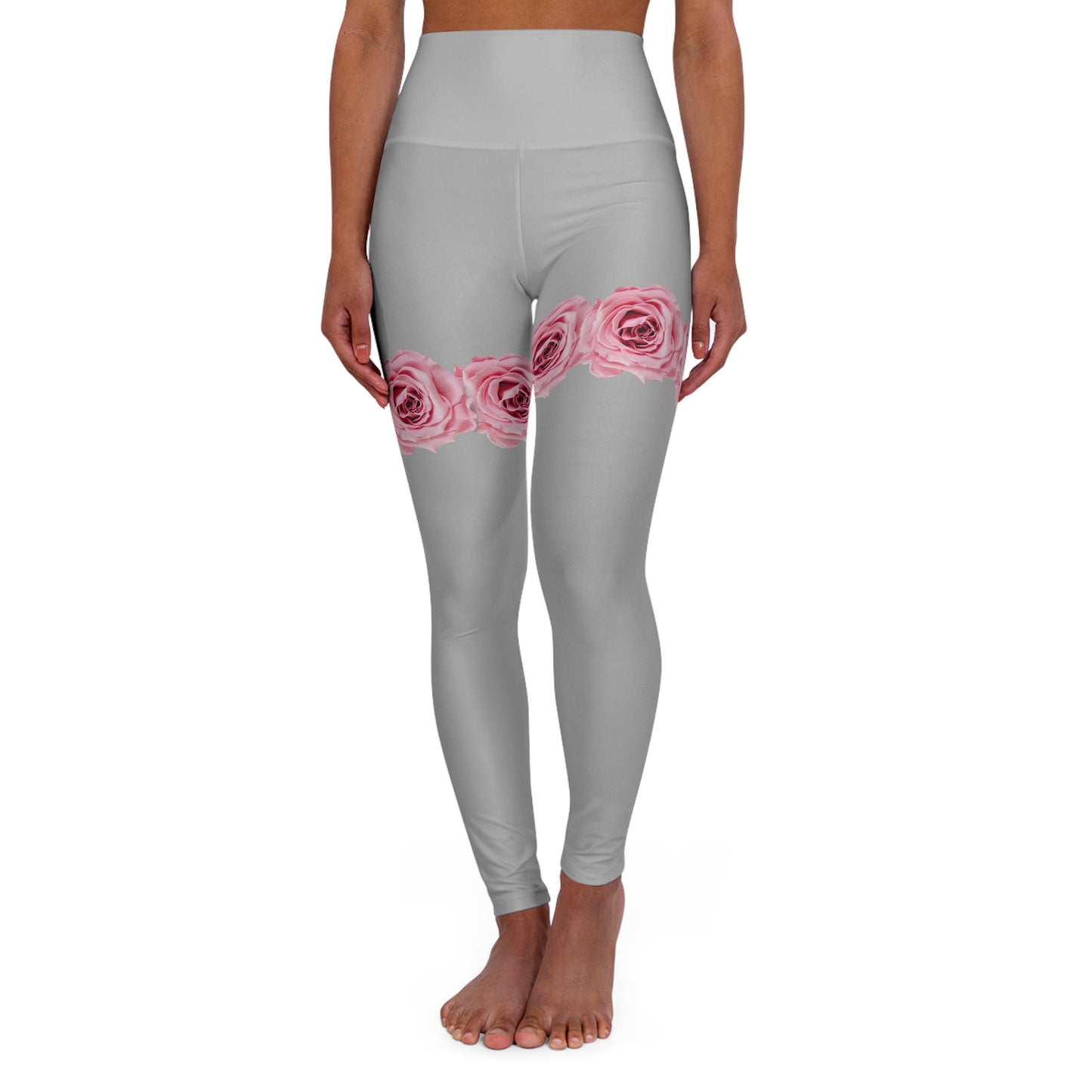Rose Band High-Waisted Yoga Leggings — Pink Floral Thigh Accent©