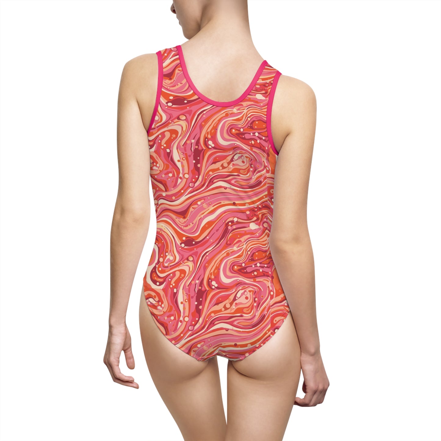 Retro Pink Marble One-Piece Swimsuit — Women's Stylish Swimwear©