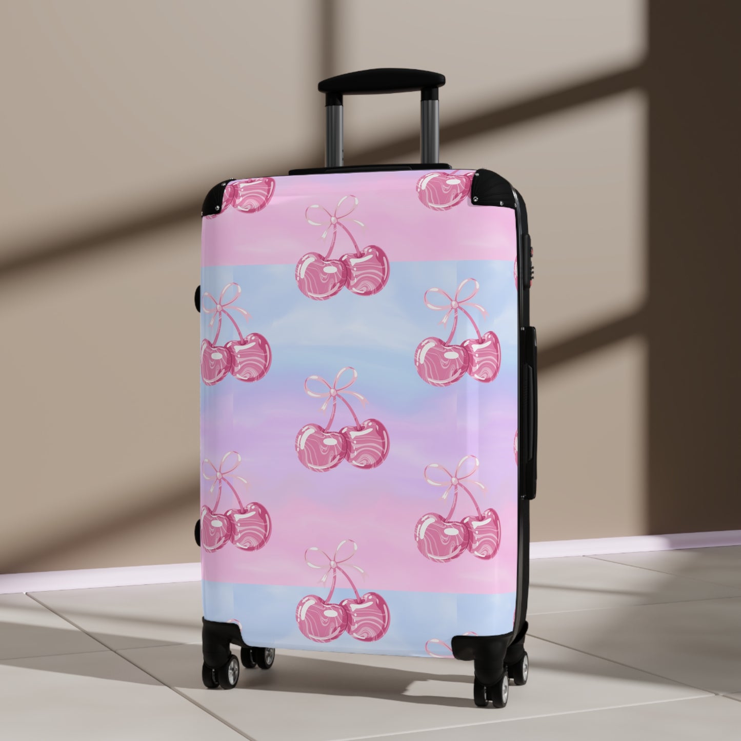 Cherry Pattern Suitcase— Pastel Pink & Lavender Travel Luggage©