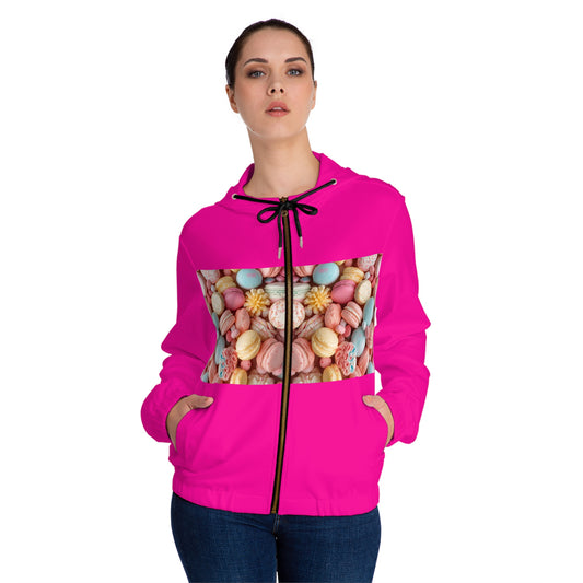 Women’s Full-Zip Hoodie — Pastel Macaron Photo Panel, Cute Dessert Graphic©