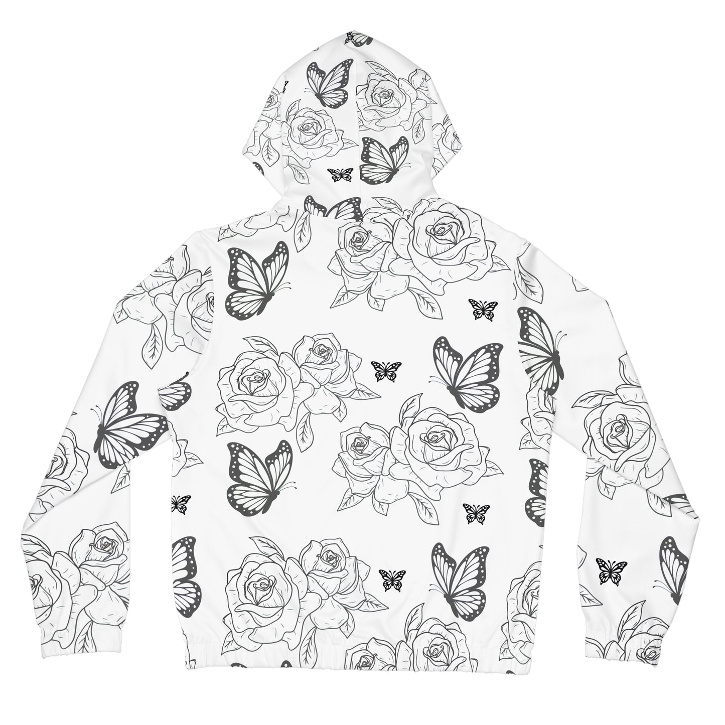 Butterfly Rose Zip-Up Hoodie — Black & White Floral All-Over Print©