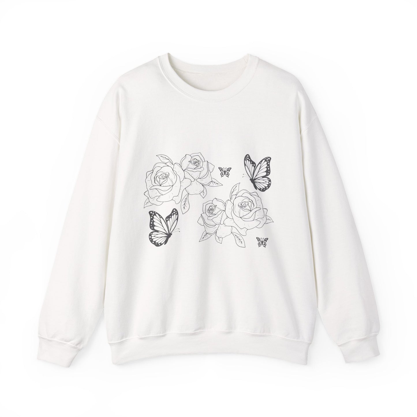 Floral Roses & Butterflies Crewneck Sweatshirt — Delicate Line Art Floral Pullover©