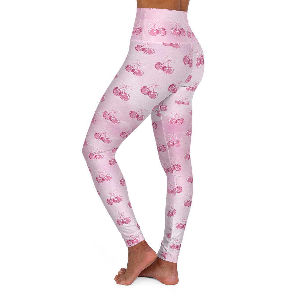 High-Waist Pink Cherry Pattern Yoga Leggings©