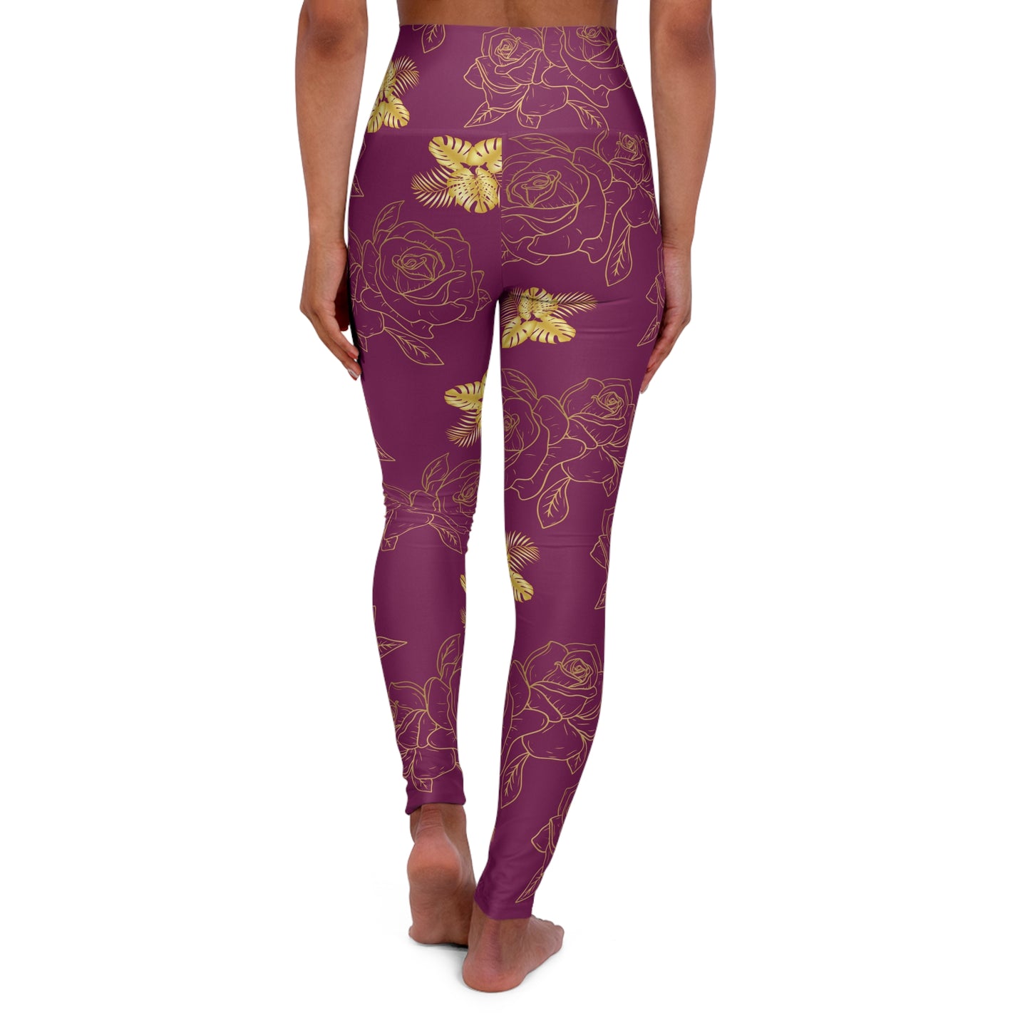 High-Waist Floral Yoga Leggings — Burgundy with Gold Rose & Butterfly Print©