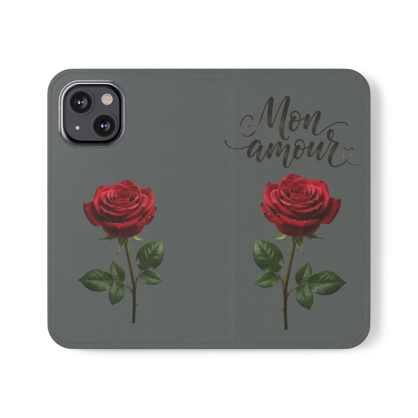 Mon Amour Rose Flip Phone Case — Floral Wallet Flip Case with 'Mon amour' Script