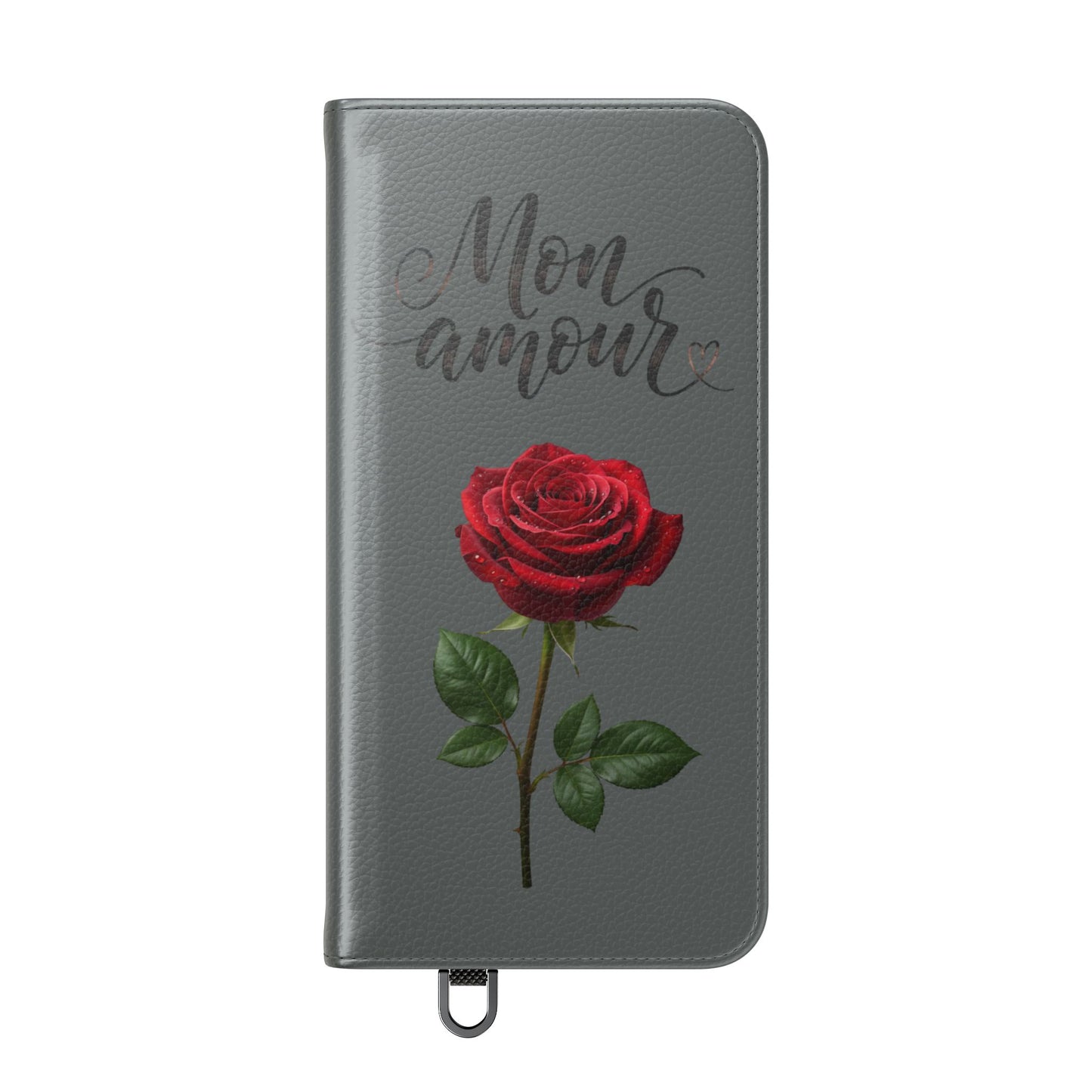 Mon Amour Rose Flip Phone Case — Floral Wallet Flip Case with 'Mon amour' Script