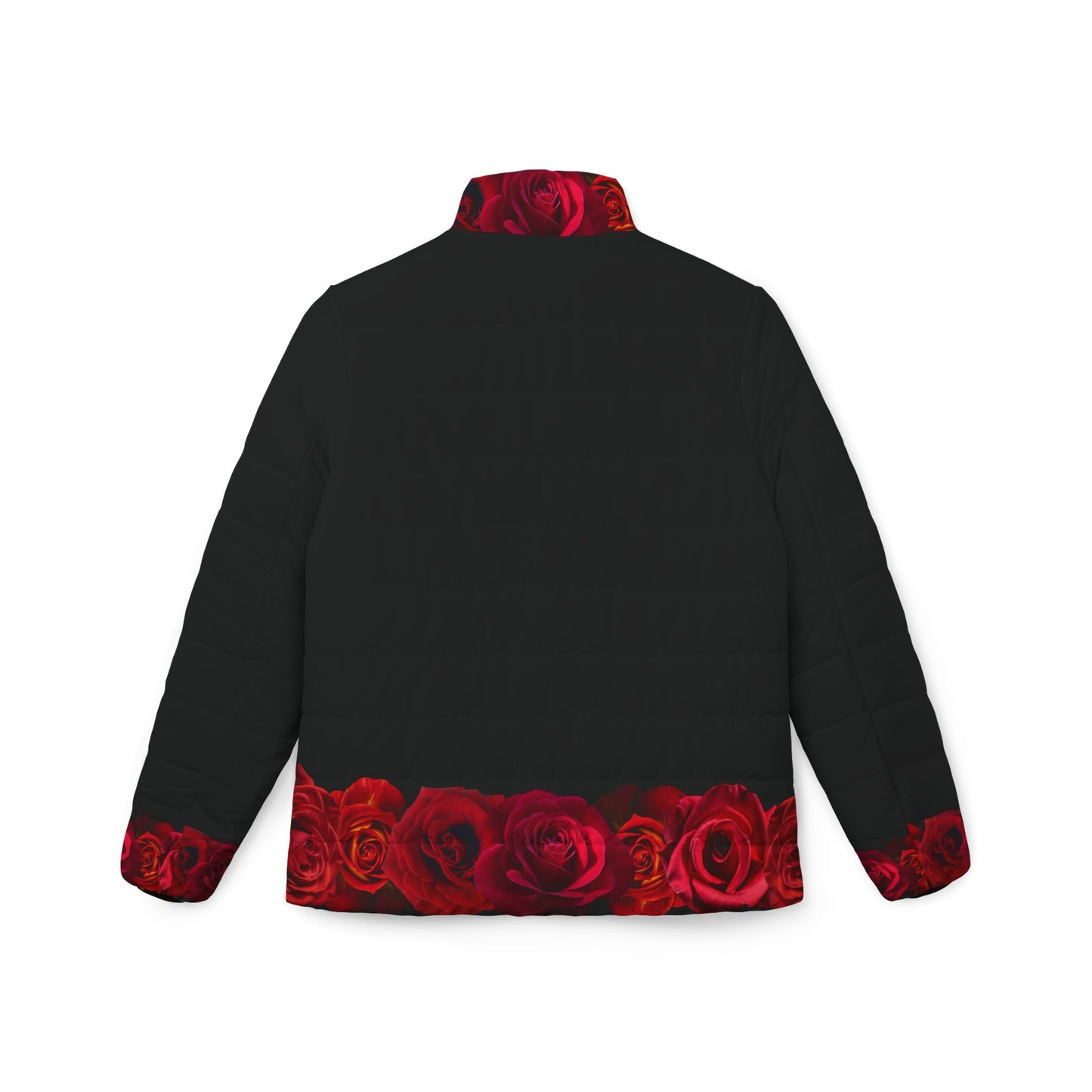Women’s Rose Trim Puffer Jacket — Black Quilted Coat with Red Rose Border
