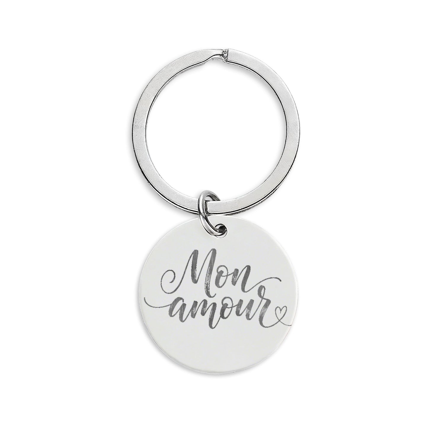 Engraved Stainless Steel Keychain — "Mon Amour" Round Charm (Romantic Gift)