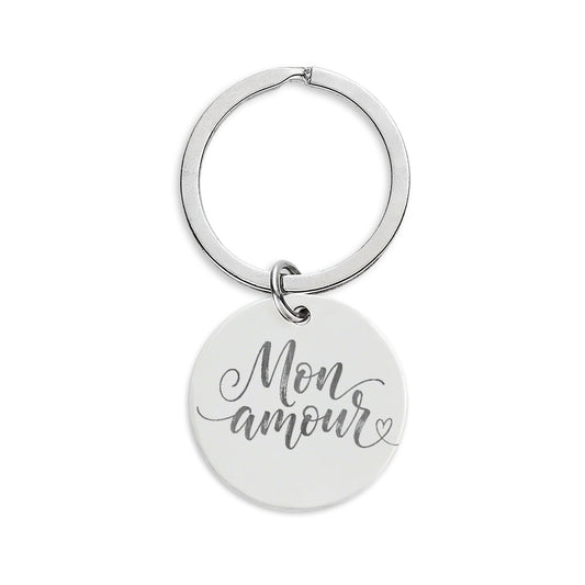 Engraved Stainless Steel Keychain — "Mon Amour" Round Charm (Romantic Gift)