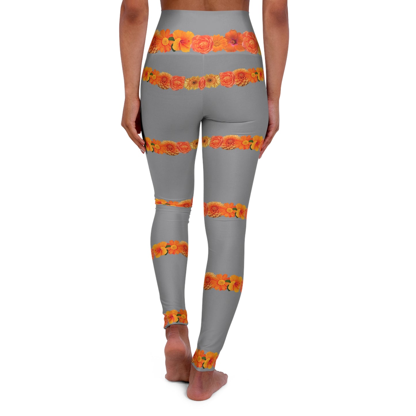 High-Waist Floral Stripe Yoga Leggings — Orange Rose Pattern©