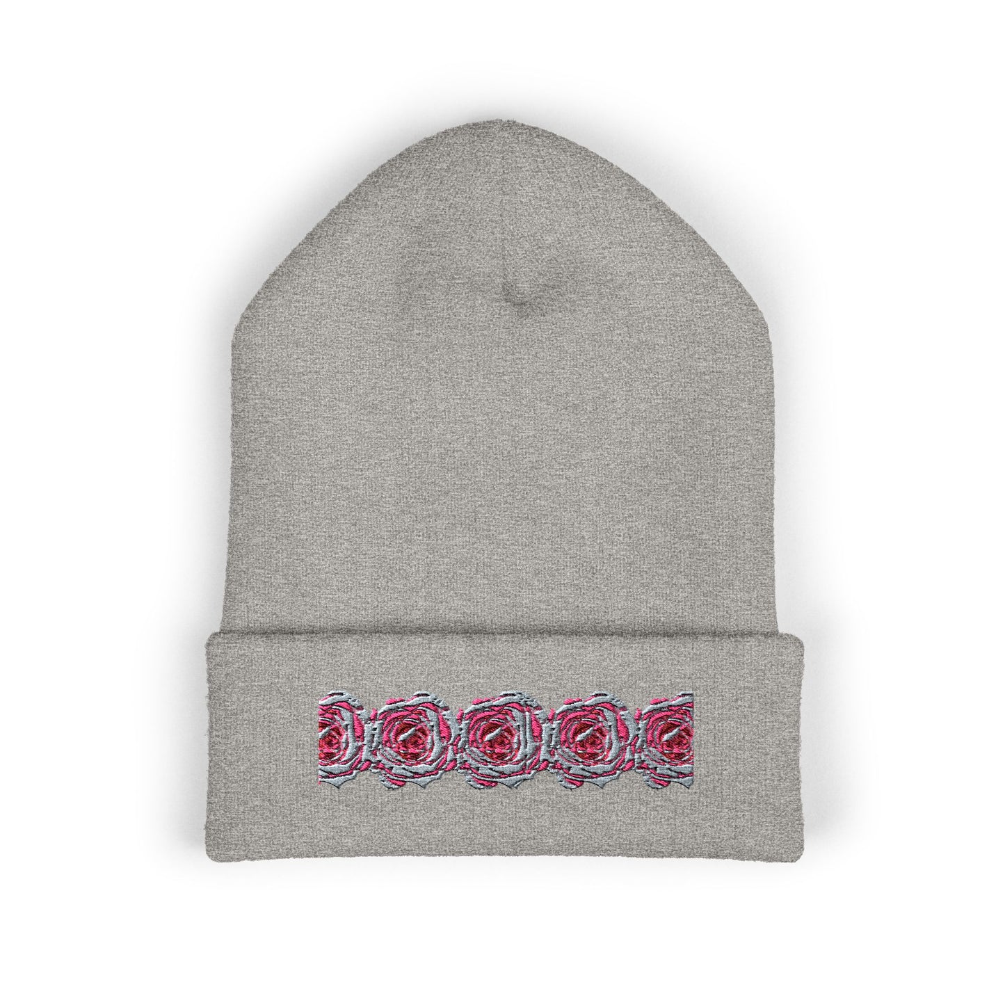 Embroidered Pink Rose Row Cuffed Beanie — Classic Floral Knit Hat©