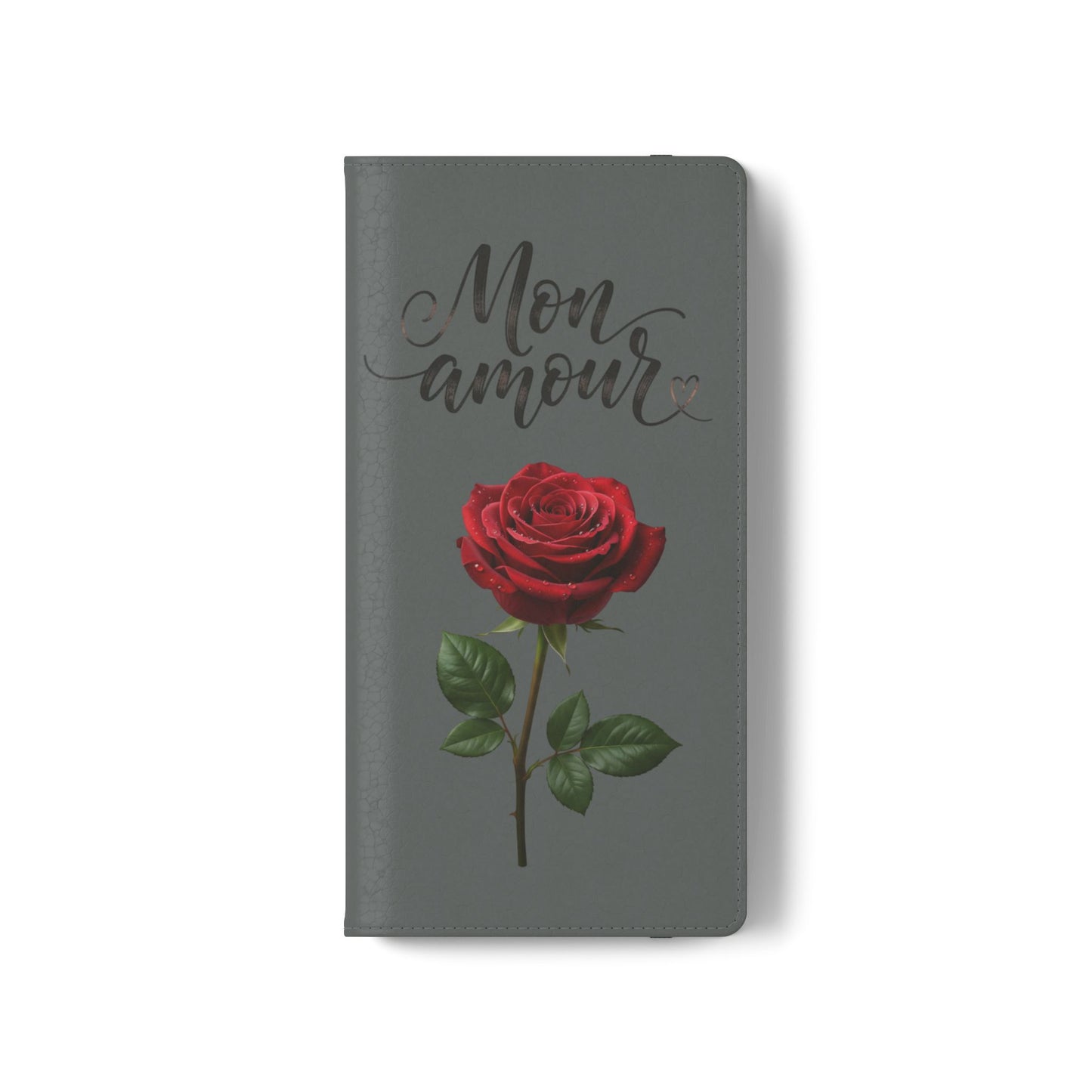 Mon Amour Rose Flip Phone Case — Floral Wallet Flip Case with 'Mon amour' Script