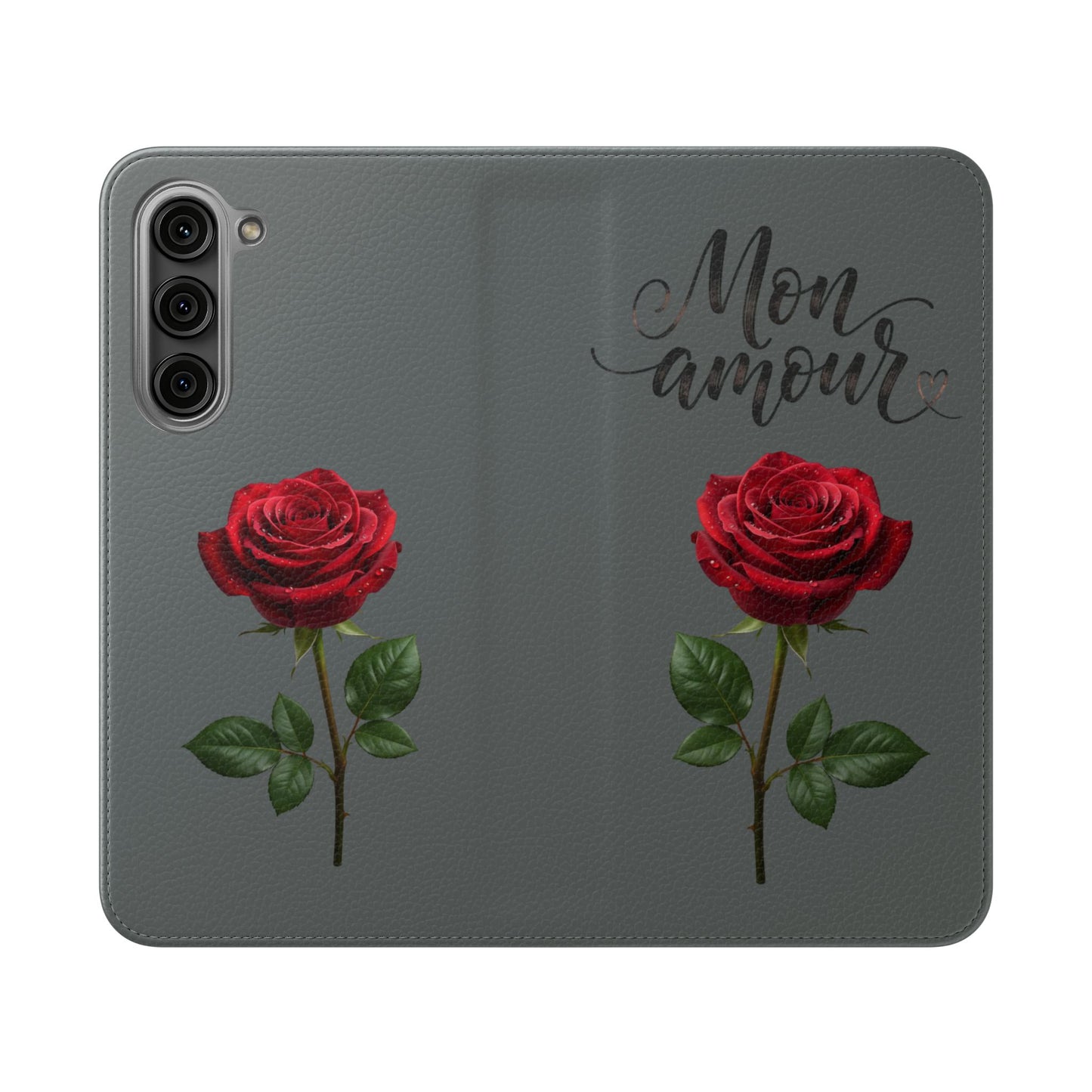 Mon Amour Rose Flip Phone Case — Floral Wallet Flip Case with 'Mon amour' Script