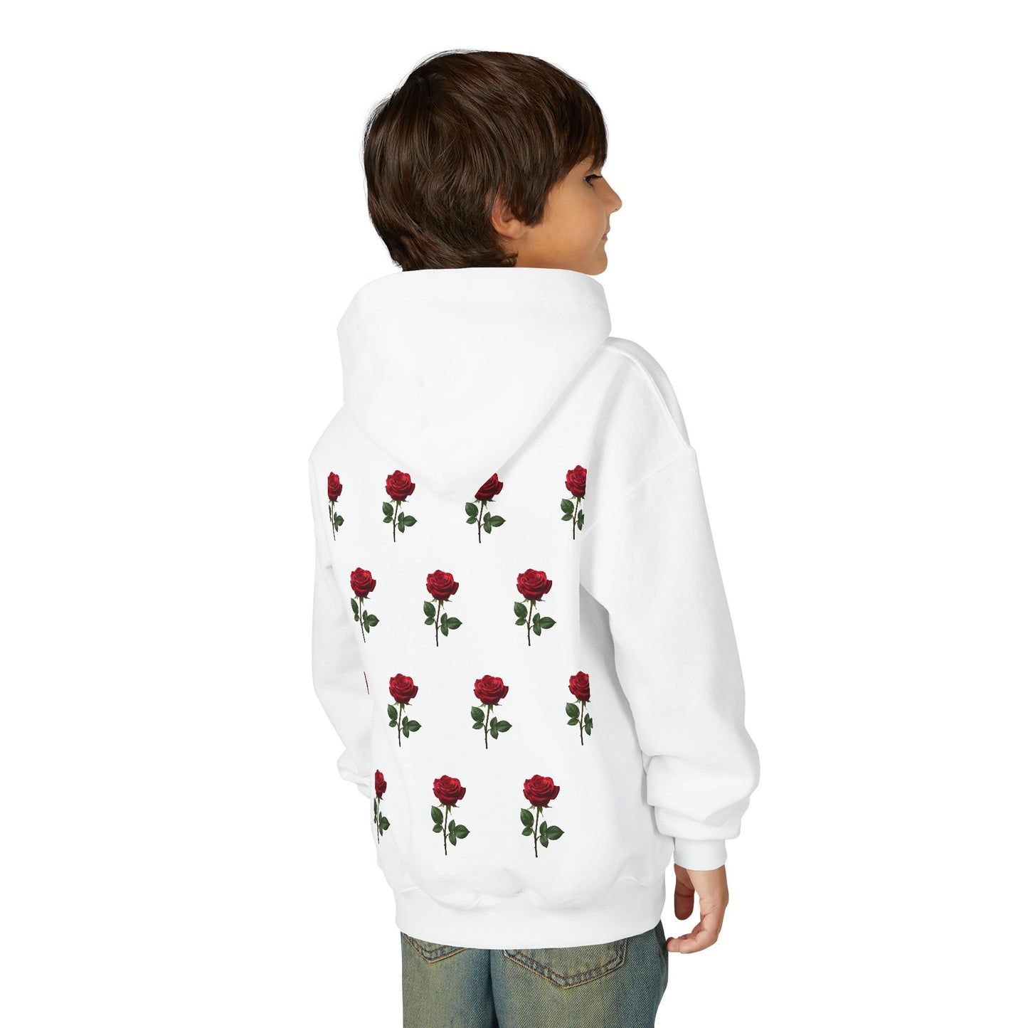 Youth Hoodie — 'Mon Amour' Script Front & Red Rose Pattern Back©