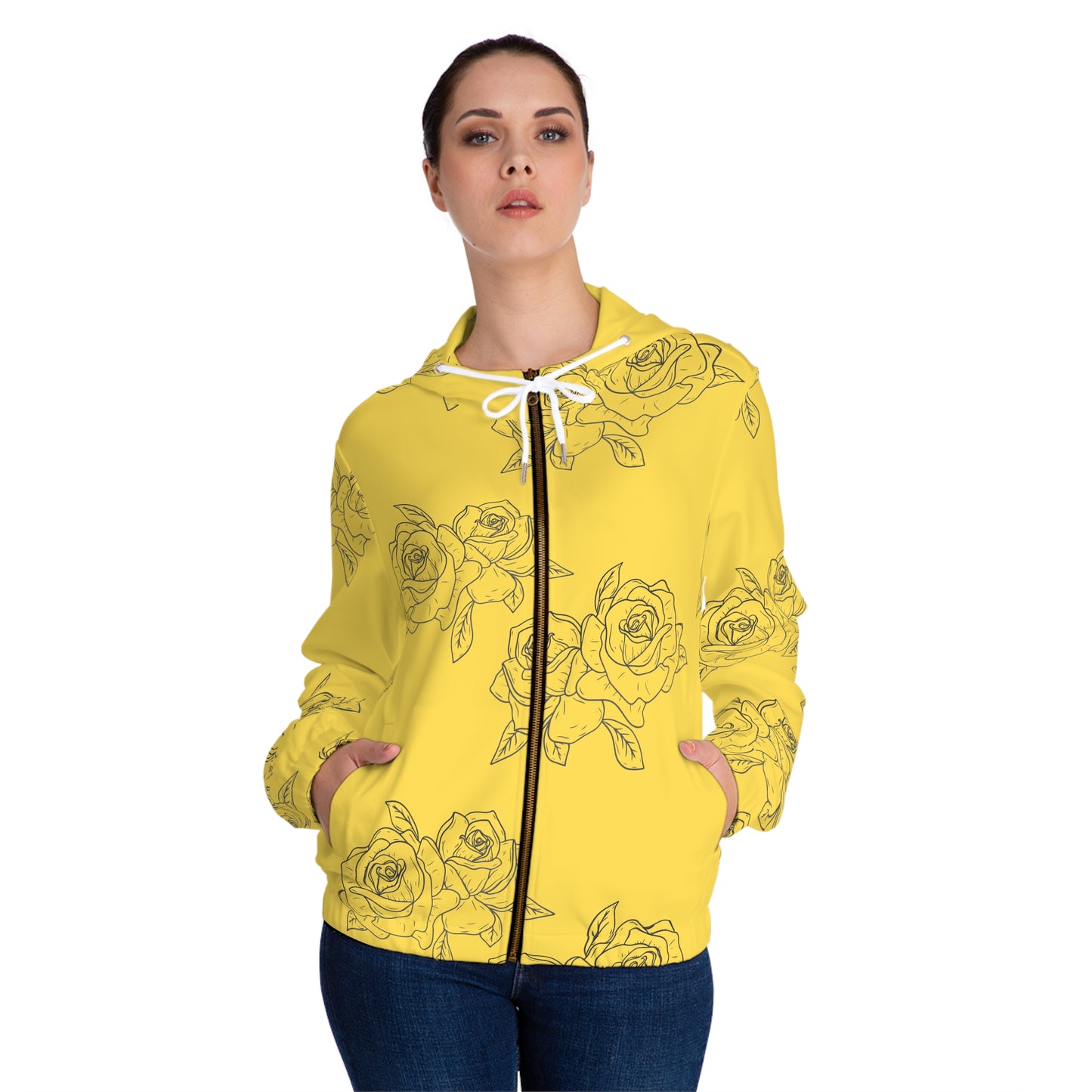 Yellow Rose Pattern Zip Hoodie — Floral All-Over Print Women's Jacket©