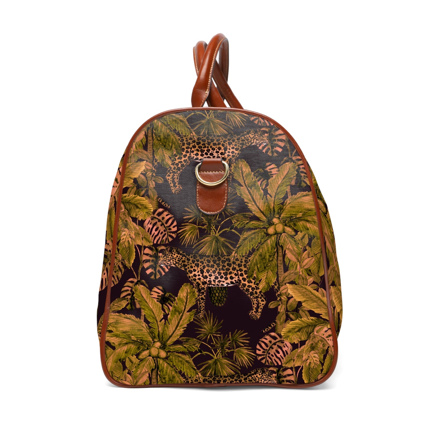 Tropical Leopard Waterproof Travel Bag — Jungle Print Duffle with Leather Handles©