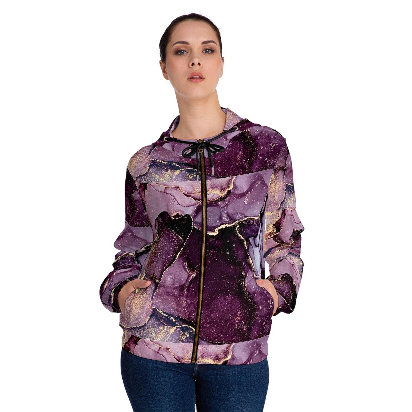 Purple Gold Marble Full‑Zip Hoodie — Women’s Abstract Ink Art Zip-Up©
