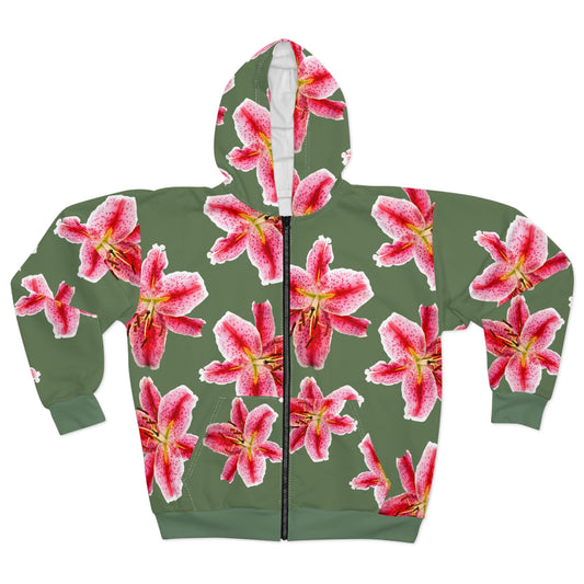 Pink Stargazer Lily Zip Hoodie — Floral All-Over Print©