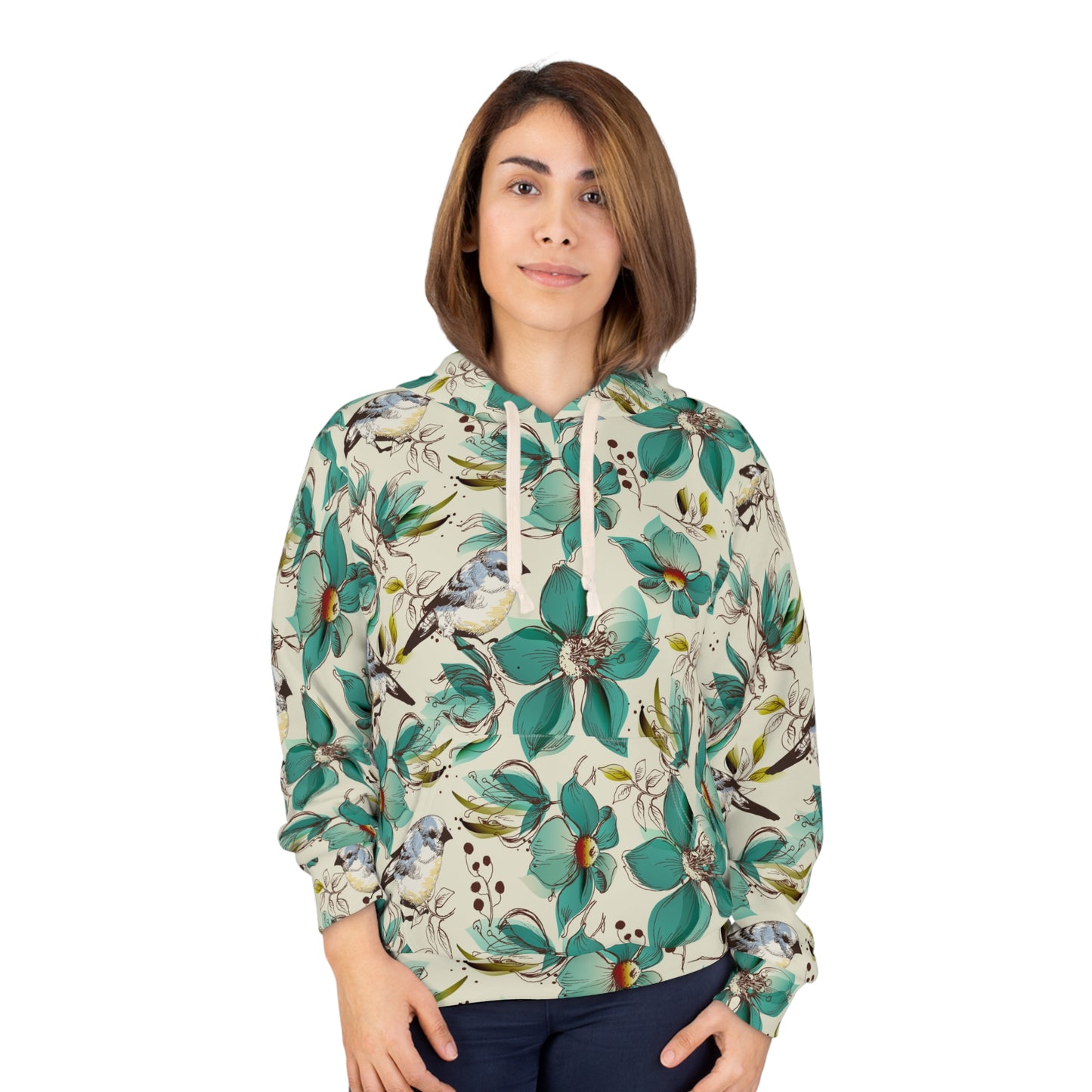 Floral Teal Bird Hoodie — All-Over Print Spring Sweatshirt