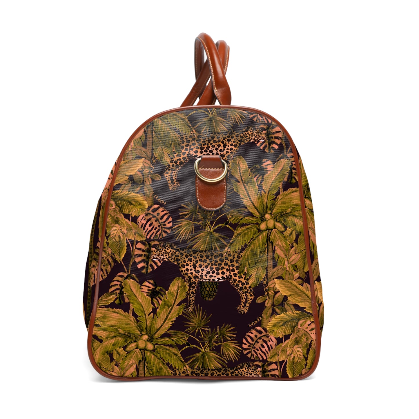 Tropical Leopard Waterproof Travel Bag — Jungle Print Duffle with Leather Handles©