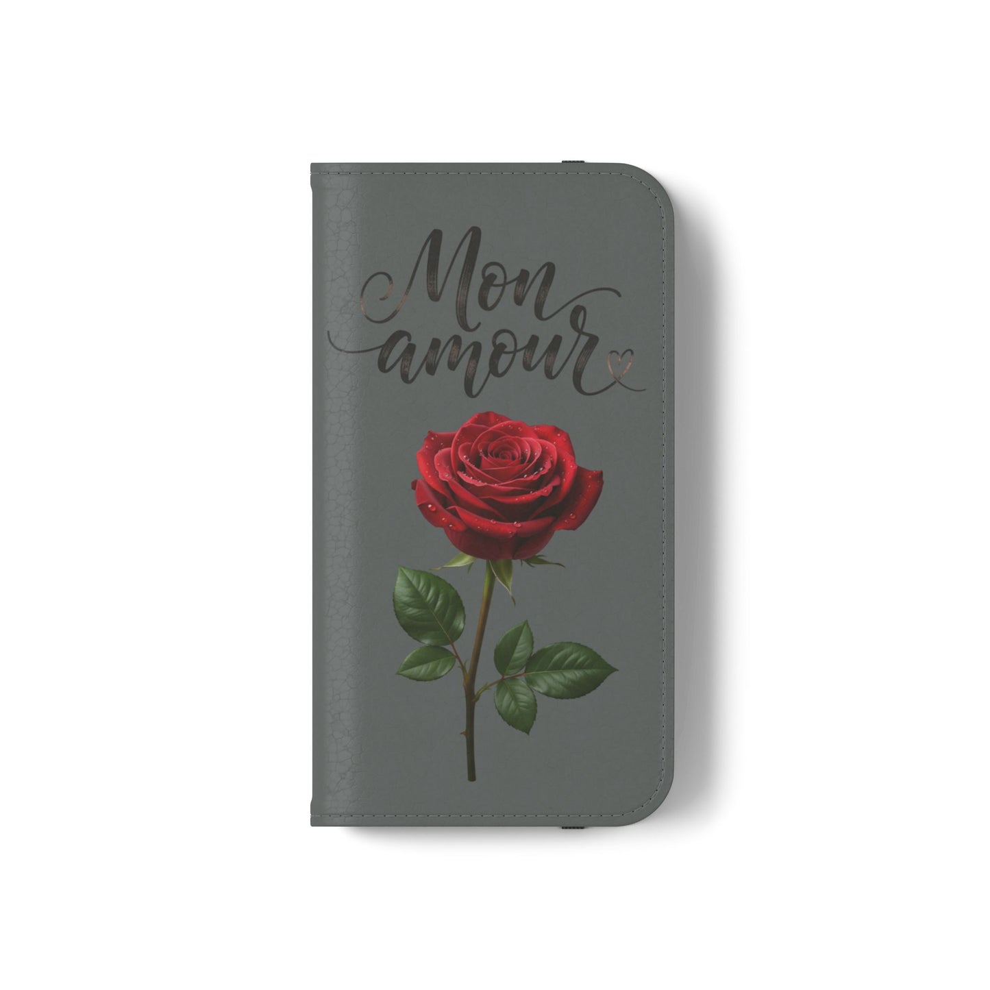 Mon Amour Rose Flip Phone Case — Floral Wallet Flip Case with 'Mon amour' Script