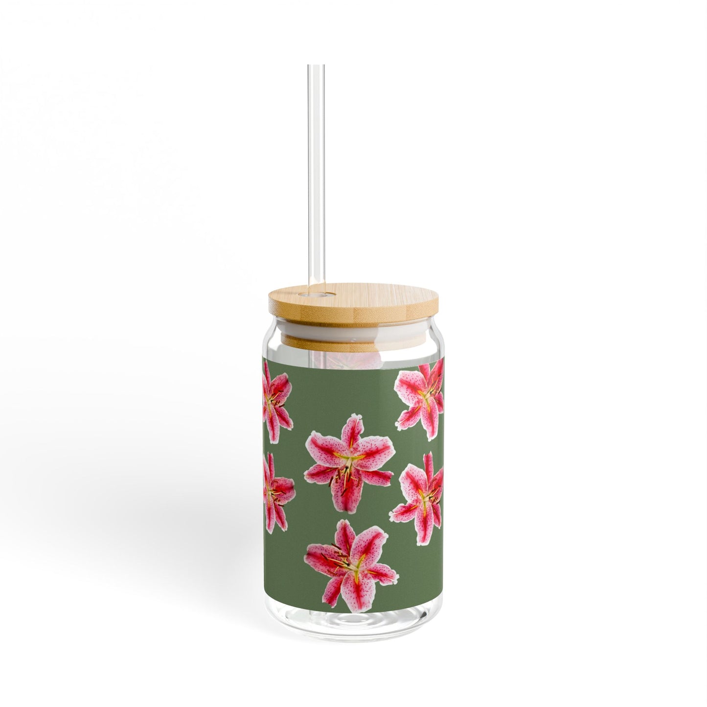 16oz Floral Sipper Glass with Pink Stargazer Lily Pattern — Reusable Straw Tumbler, Gift for Gardeners & Nature Lovers©