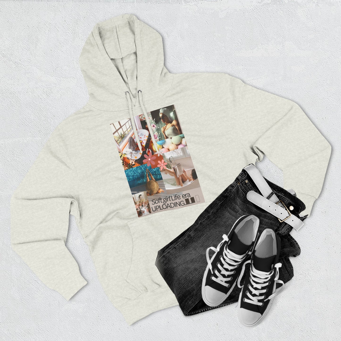 Collage Graphic Hoodie — "Soft Girl Era Uploading" Cozy Fleece Pullover©