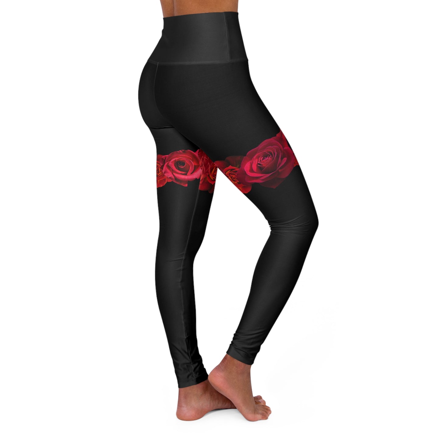 High-Waist Black Yoga Leggings with Red Rose Band — Floral Fitness Leggings
