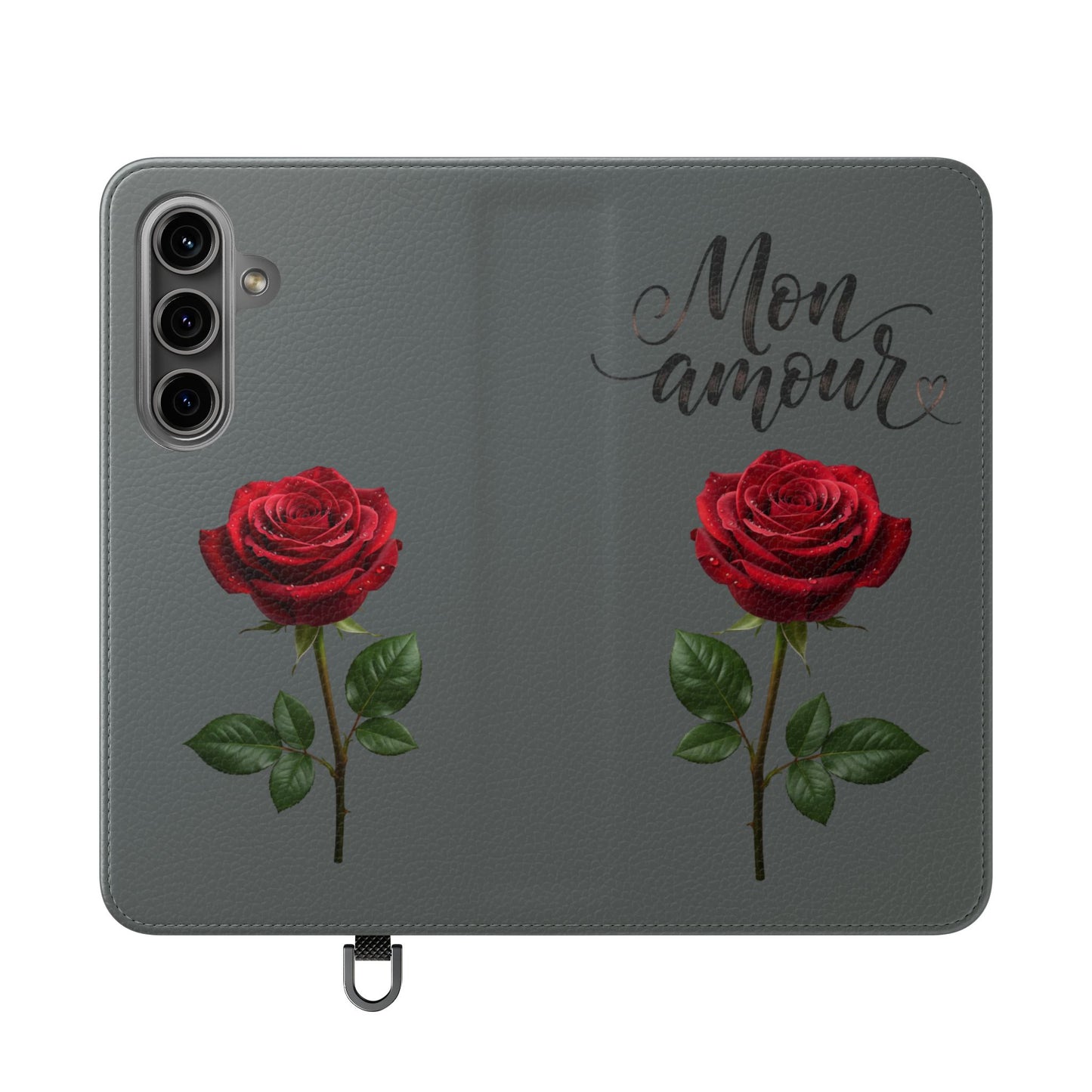 Mon Amour Rose Flip Phone Case — Floral Wallet Flip Case with 'Mon amour' Script