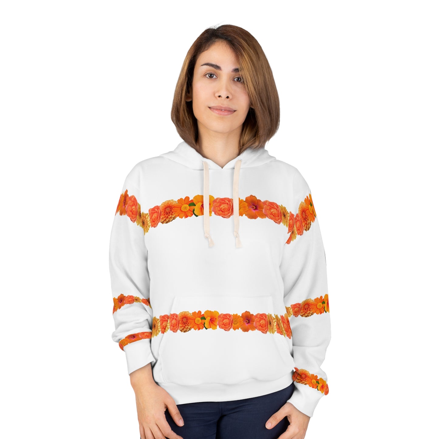 Floral Stripe Hoodie — Orange Marigold Pattern Pullover©