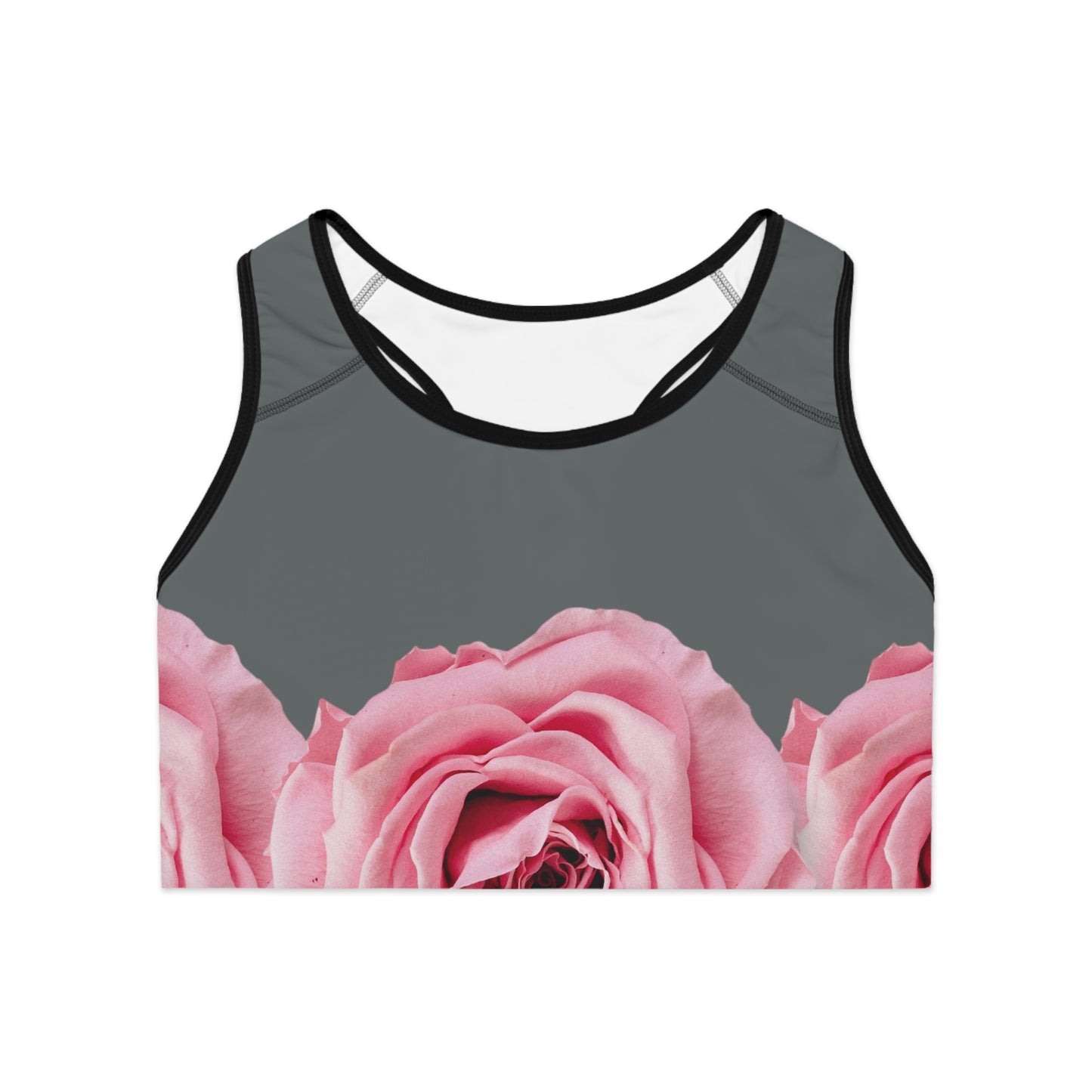 Pink Rose Floral Sports Bra — Gray Background Racerback Activewear