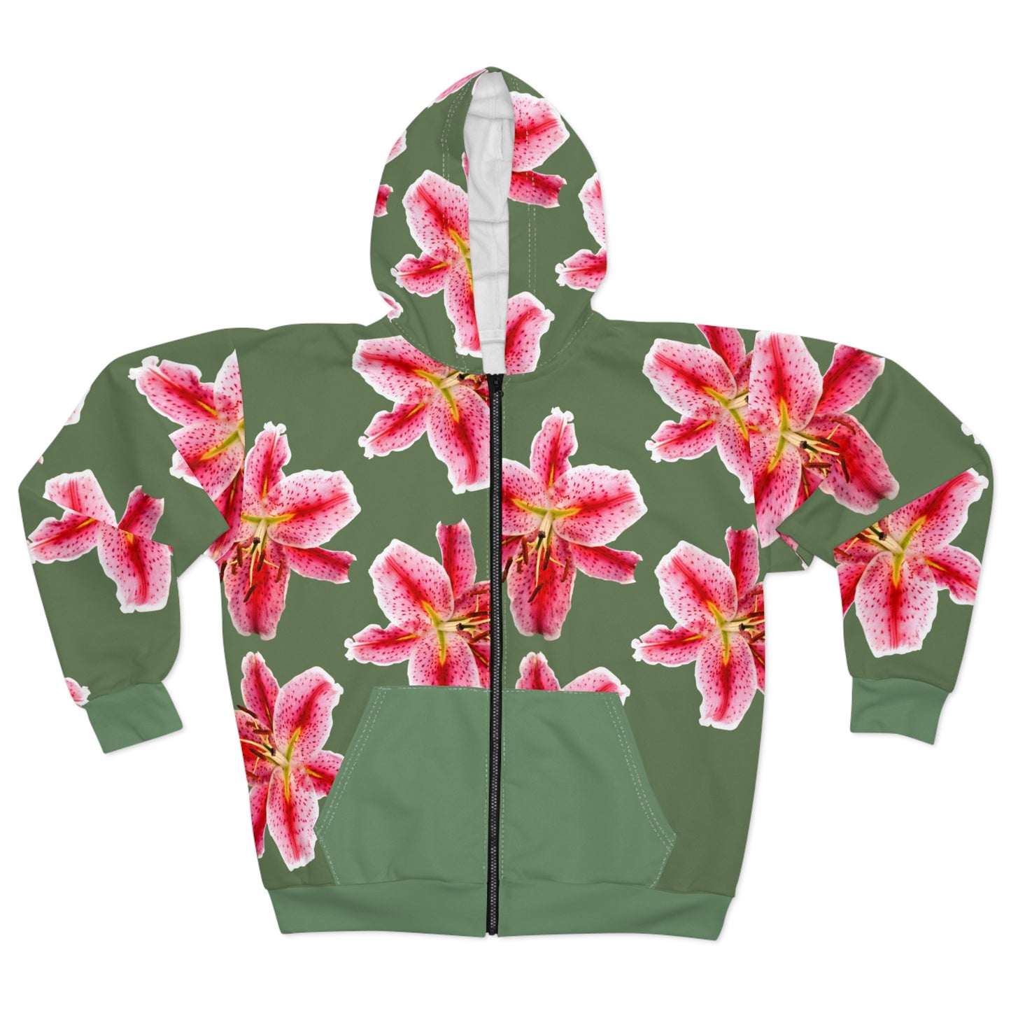 Green Zip Hoodie with Pink Stargazer Lily Print — Floral All-Over Zip-Up©