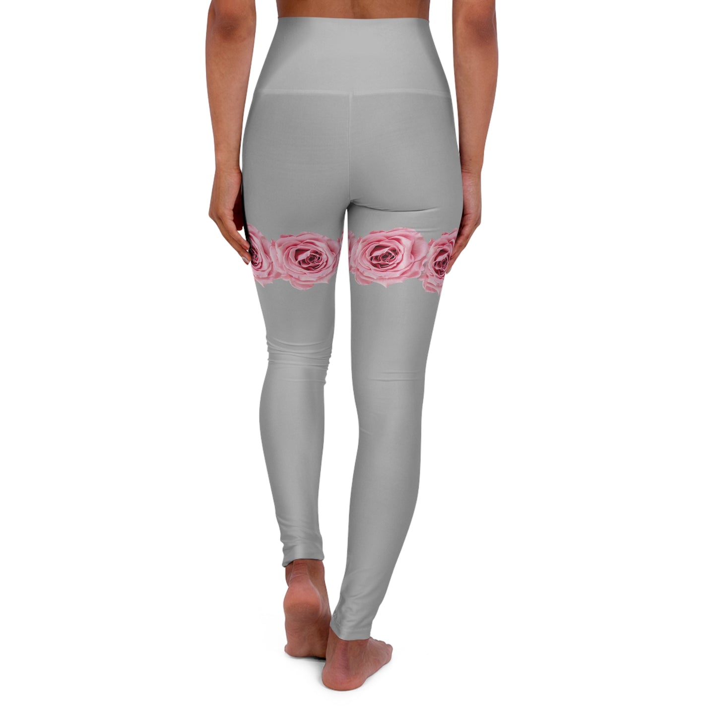 Rose Band High-Waisted Yoga Leggings — Pink Floral Thigh Accent©