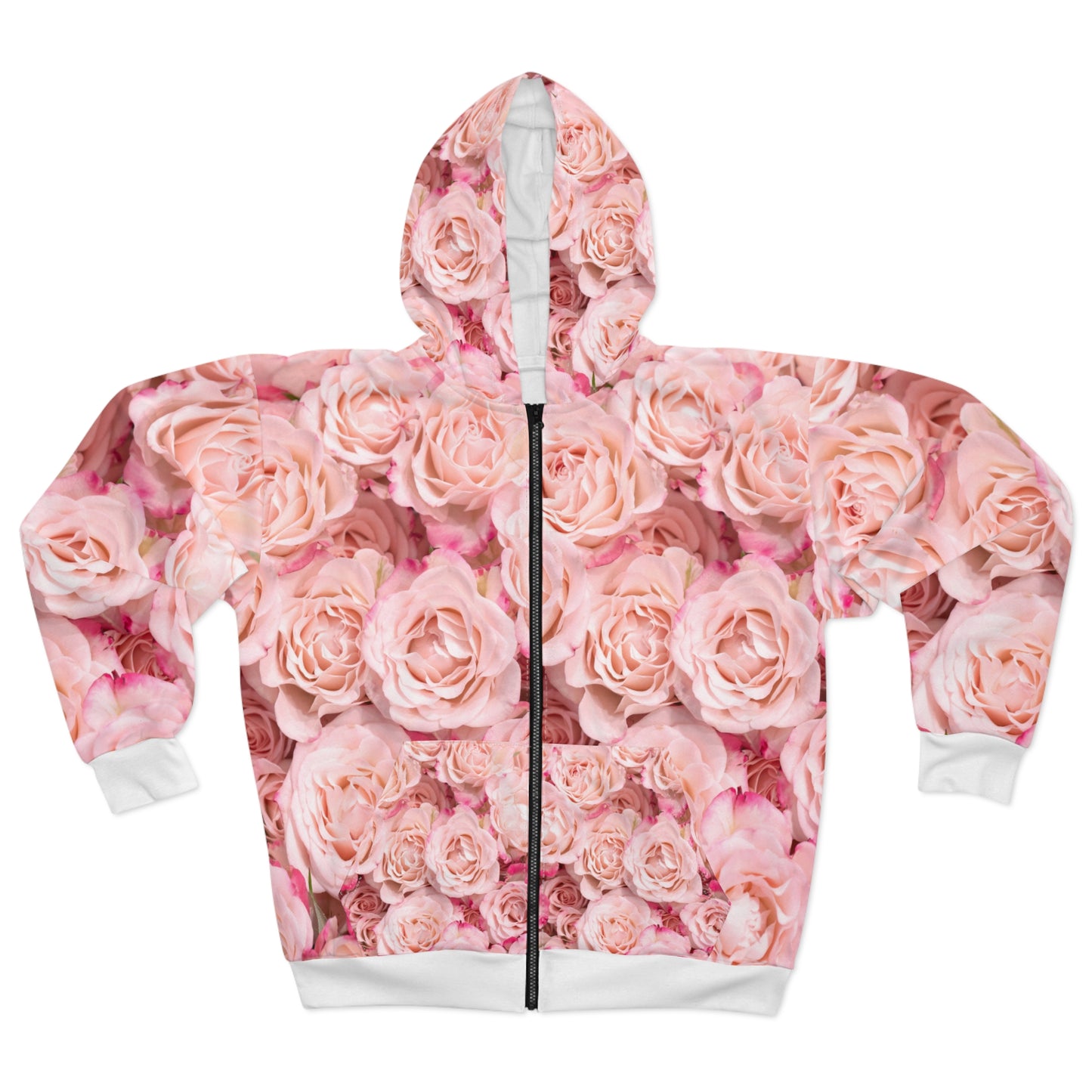 Pink Rose All-Over Print Zip Hoodie — Floral Romantic Jacket©