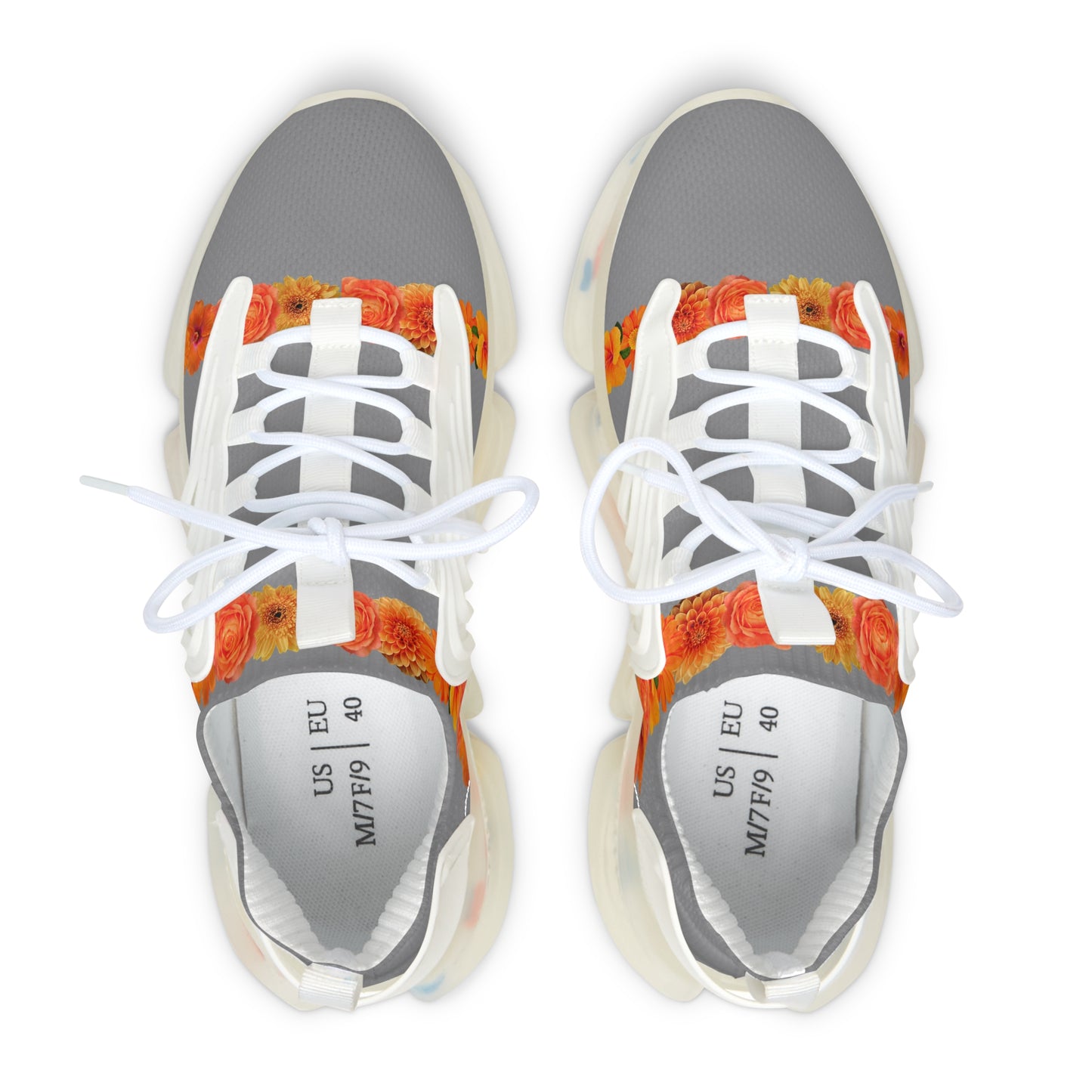 Women's Mesh Sneakers — Grey Athletic Shoes with Orange Floral Accent