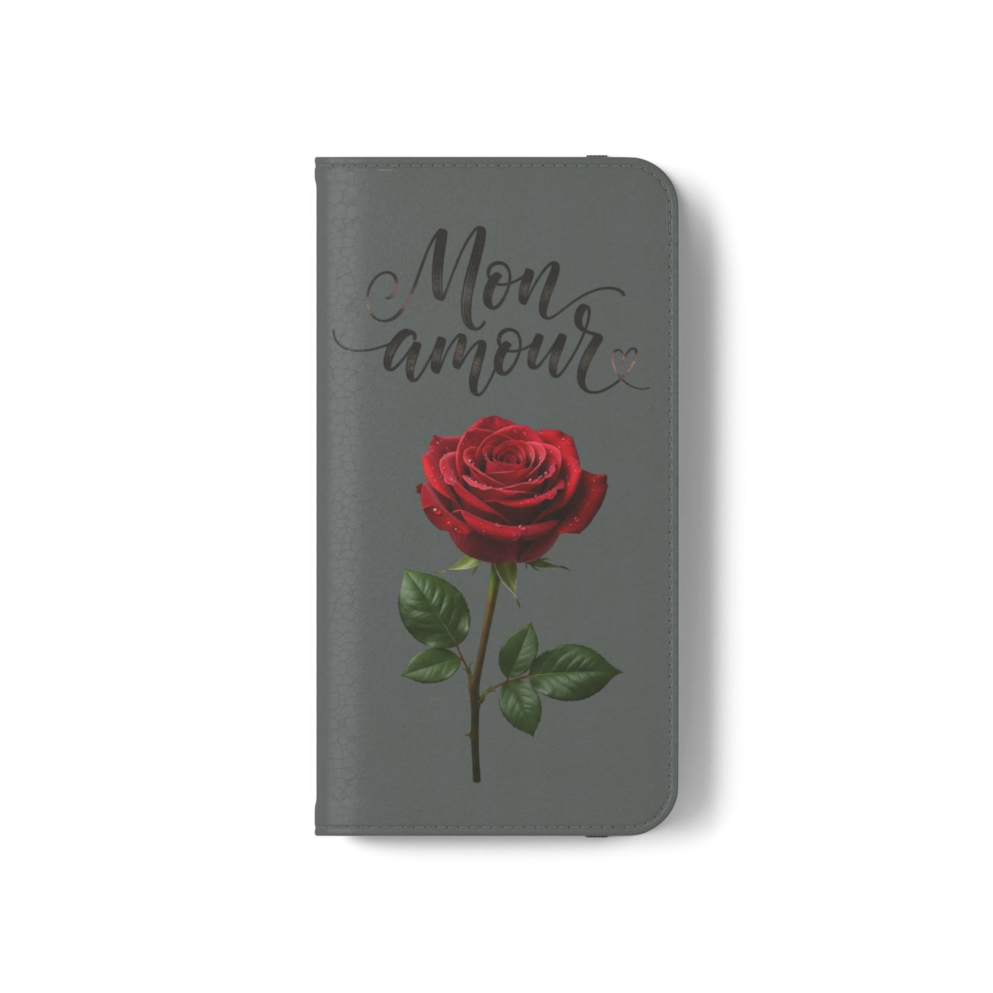Mon Amour Rose Flip Phone Case — Floral Wallet Flip Case with 'Mon amour' Script