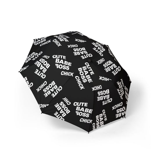 Foldable Umbrella — Black "Cute Babe Boss Chick" Pattern, Semi-Automatic Compact Rain Umbrella©