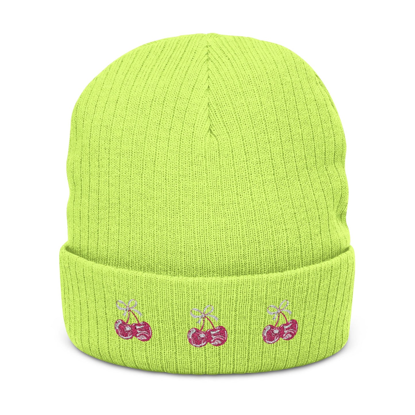 Embroidered Cherry Ribbed Beanie — Cute Knit Winter©