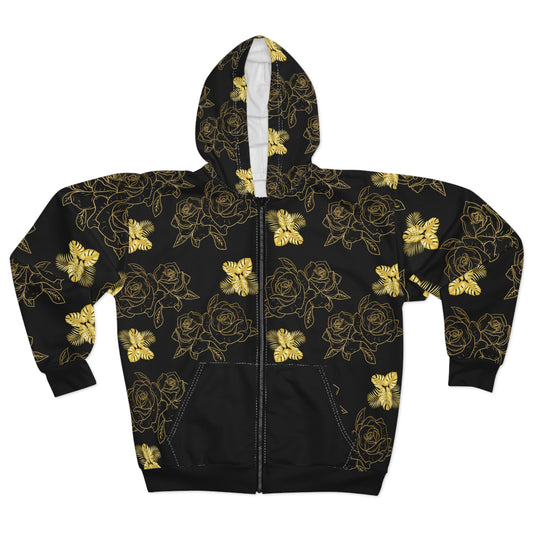 Zip Hoodie — Black & Gold Floral Rose Pattern All-Over Print©