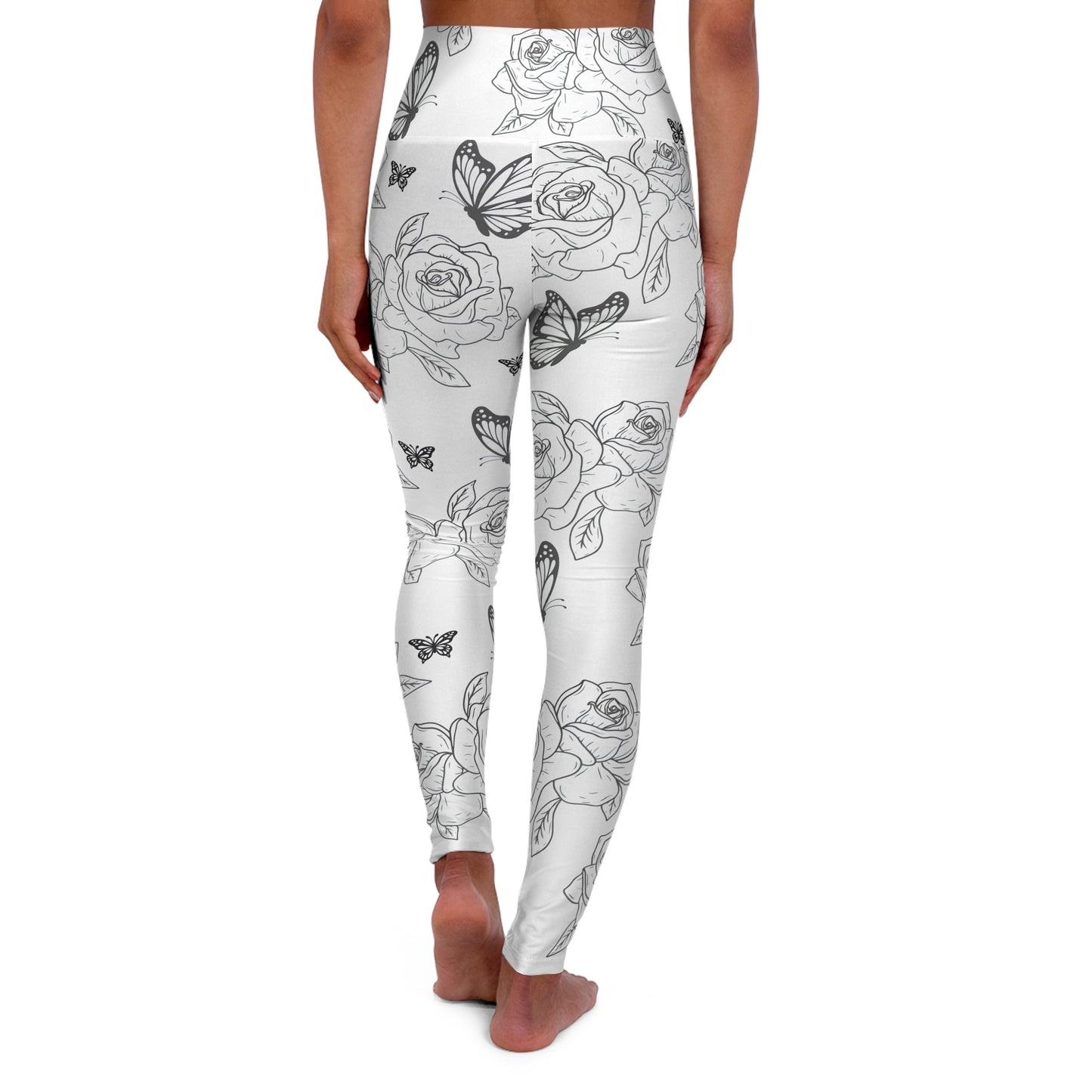 Floral Sketch High-Waist Yoga Leggings — Black & White Rose and Butterfly Print©