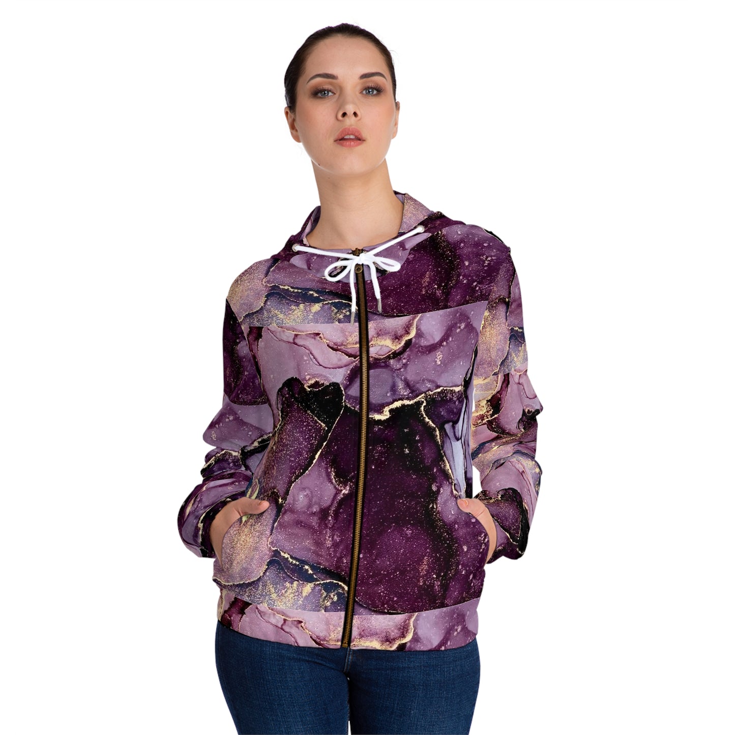 Purple Gold Marble Full‑Zip Hoodie — Women’s Abstract Ink Art Zip-Up©