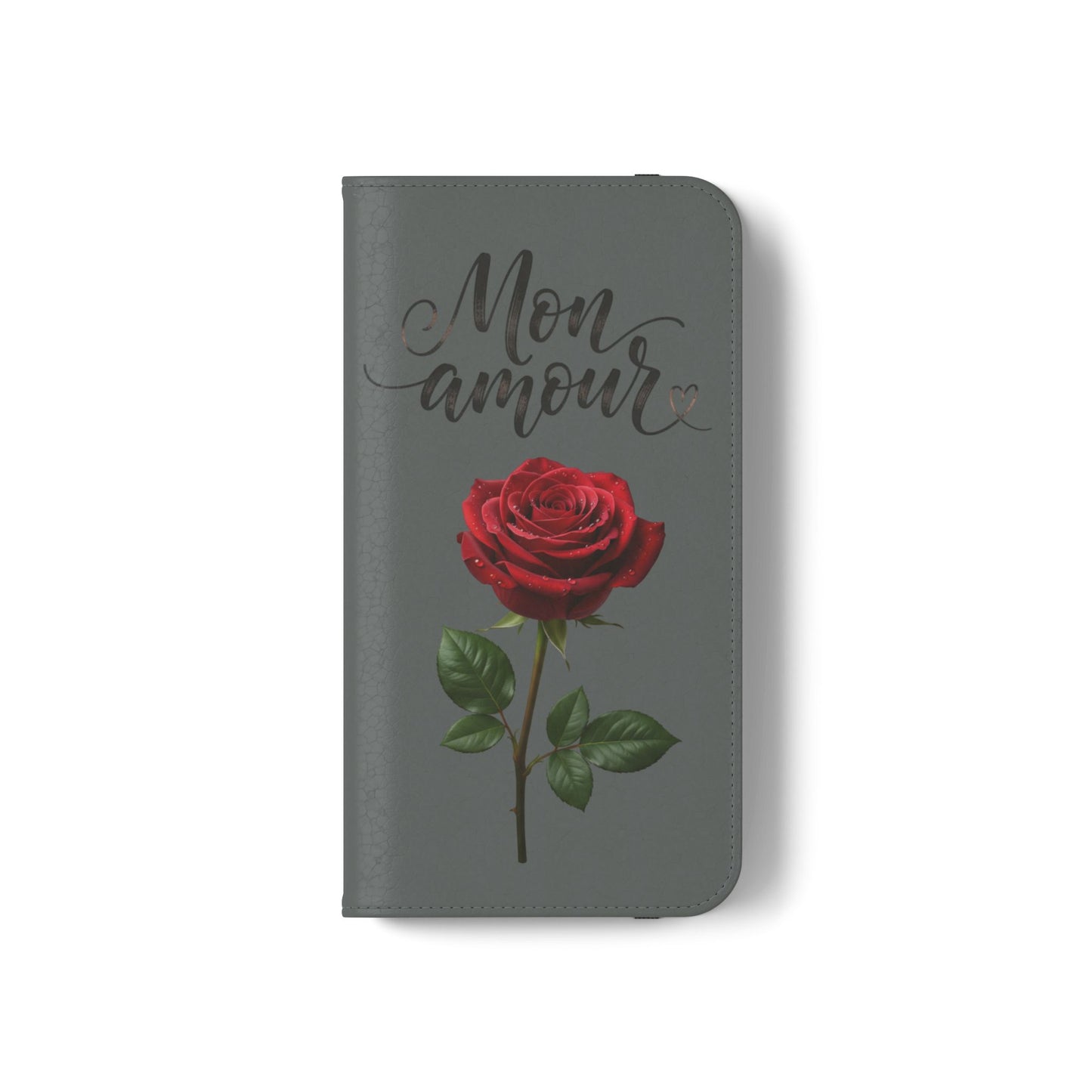 Mon Amour Rose Flip Phone Case — Floral Wallet Flip Case with 'Mon amour' Script