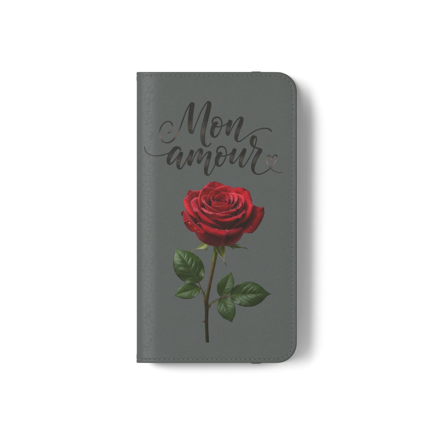 Mon Amour Rose Flip Phone Case — Floral Wallet Flip Case with 'Mon amour' Script